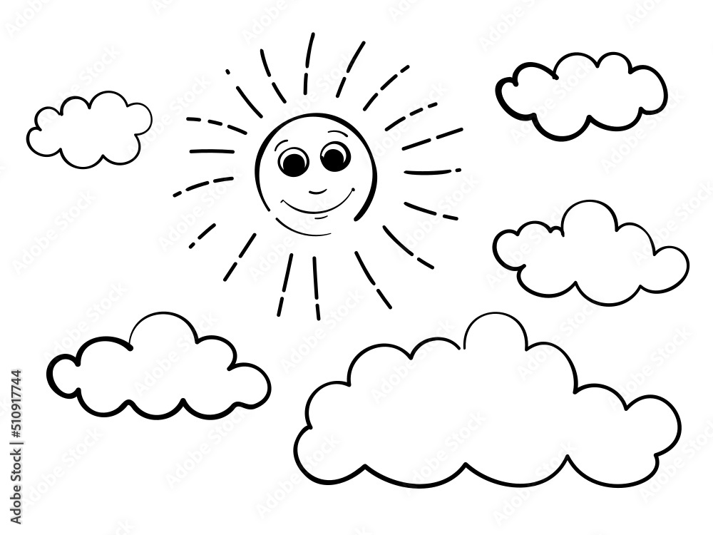 Hand drawn sun with face and clouds. Childish vector doodle drawing. Hand drawn sun with face and clouds. Childish vector doodle drawing.