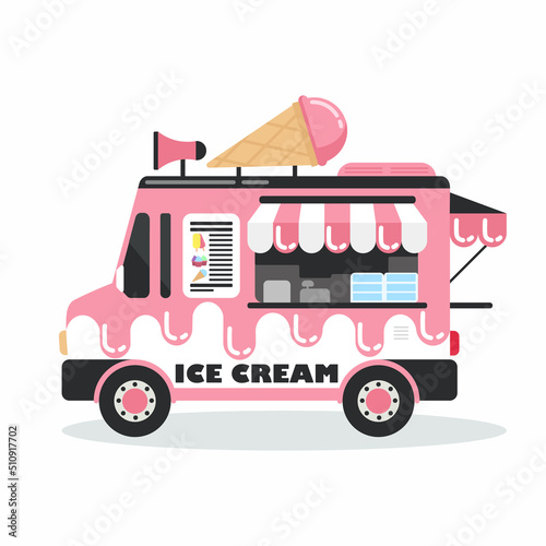 Vector illustration pink ice cream machines on white background. Decorative design elements. Mobile shop with delicious ice cream cartoon style.
