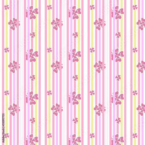 Fototapeta Naklejka Na Ścianę i Meble -  Lovely Violet Flowers on Stripes Floral Light Seamless Repeating Background Artistic Wallpaper Pattern for Valentine's Day Baby Bridal Shower. Fashionable retro style pattern.