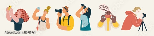 People portrait - Taking photos -Modern flat vector concept illustration of a people taking photo with a phone or camera, half-length portrait, user avatar. Creative landing web page template