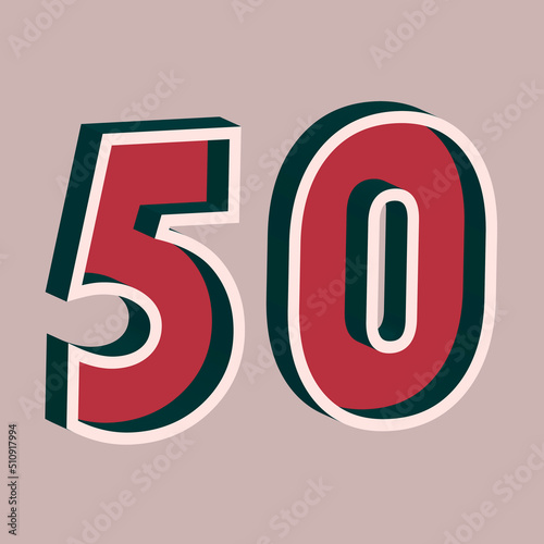 Vector number 50 with 3D effect in retro style. Well red and Deep Teal colors