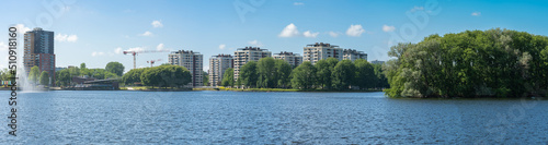 Panorama of recreational lake Sloterplas and Apartment buildings in Osdorp neighbourhood of Amsterdam
