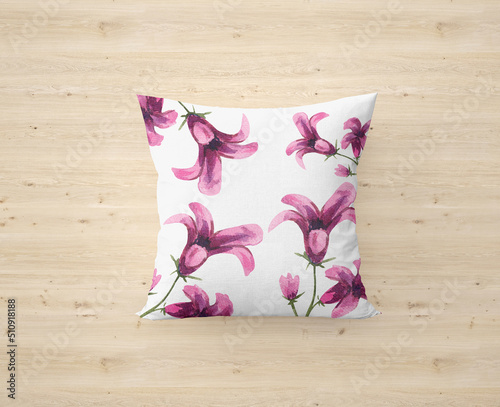 Beautiful watercolor wild floral pillow cover in pink, magenta flower 	
