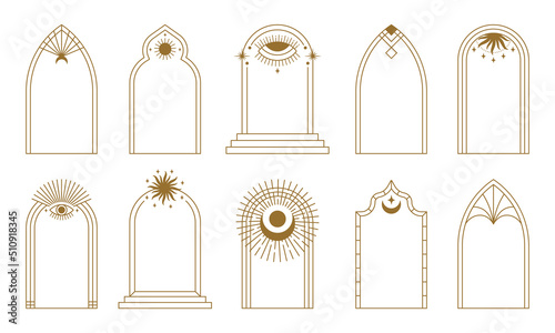 Boho arch frame collection. Bohemian line art frames with sun rays, all seeing eye and moon arches, simple geometric design elements vector set