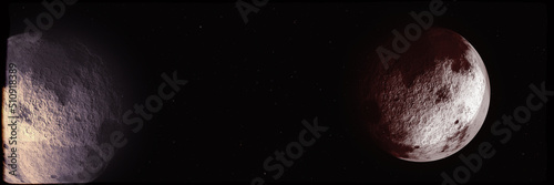 Abstract old monochrome vibrating live moons or planets, 3D illustration with black frame, abstract world space design or astral film noir filter with cosmic central empty space for your message	 photo