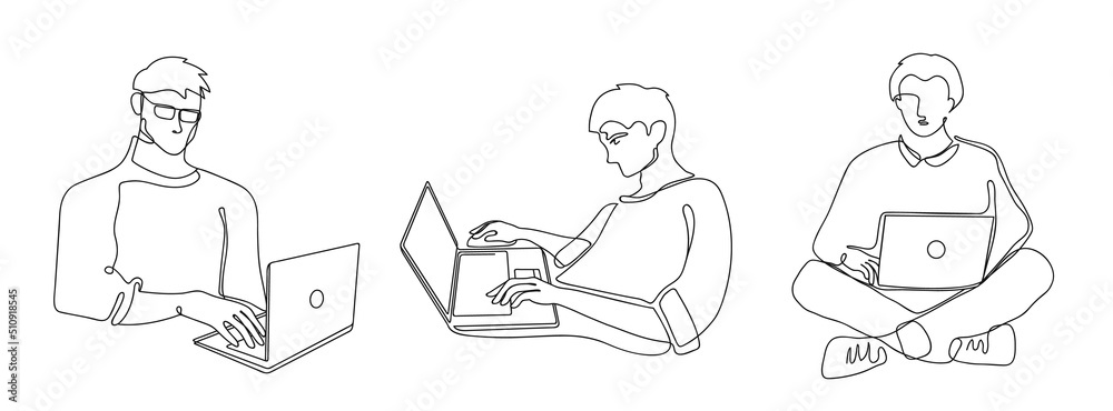 Male with laptop. Freelance remote worker character, man working with laptop computer and typing on keyboard. Continuous line art vector illustration set Male with laptop. Freelance remote worker character, man working with laptop computer and typing on keyboard. Continuous line art vector illustration set