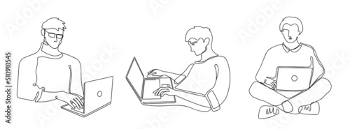 Male with laptop. Freelance remote worker character, man working with laptop computer and typing on keyboard. Continuous line art vector illustration set