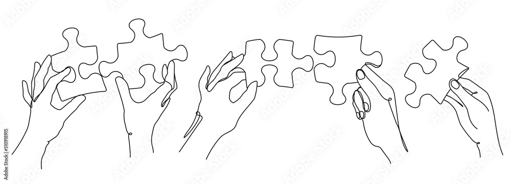 Puzzle pieces in peoples hands. Continuous line art of solution selection, jigsaw or problem solving and teamwork vector illustration set