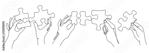 Puzzle pieces in peoples hands. Continuous line art of solution selection, jigsaw or problem solving and teamwork vector illustration set photo