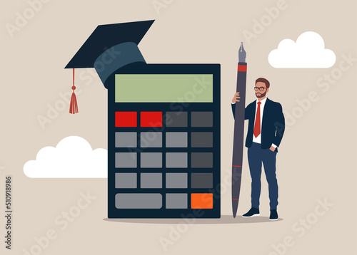 Graduate student standing with mortar board hat calculator. Student loan calculation, education budget allocation, university expense and debt pay off or scholarship payment.