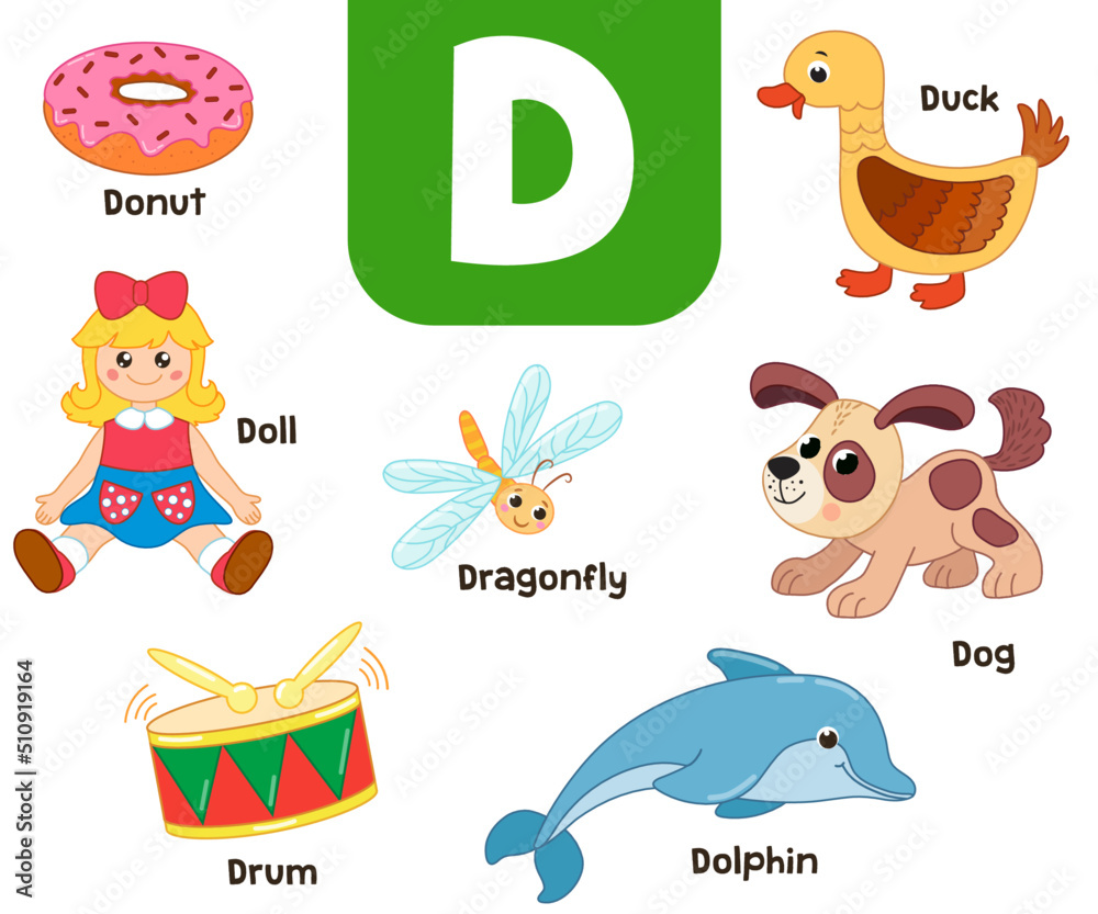 English alphabet in pictures — Children's colored letter D — vector illustration