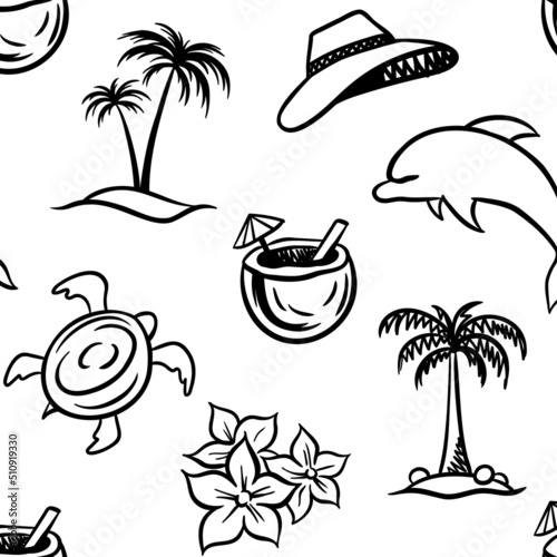 summer seamless pattern. print for clothes. beach season. vector doodle illustrations. line graphics