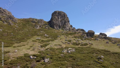 Babin Zub peak,  located on the border between Bulgaria and Serbia. Balkan Mountains.  Nature outdoors travel destination, Serbia. Aerial, drone view