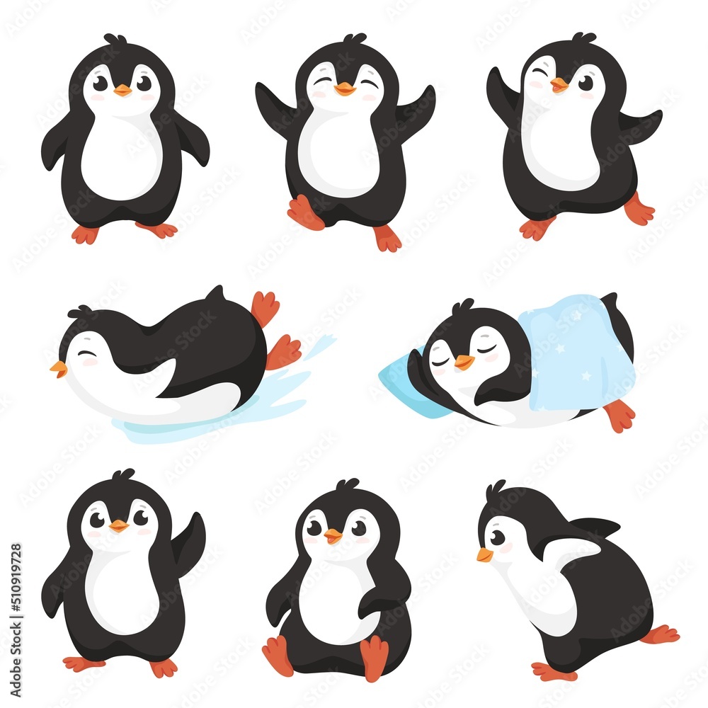 Cute cartoon penguins. Little penguin character with happy smile, aquatic flightless bird mascot vector set Cute cartoon penguins. Little penguin character with happy smile, aquatic flightless bird mascot vector set