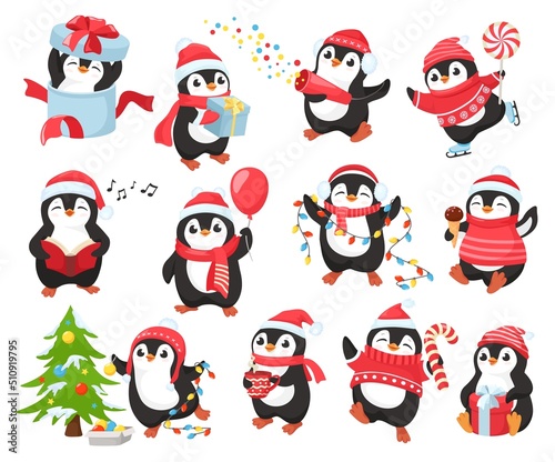 Cute Christmas penguin mascot. Happy penguins characters celebrate New Year, decorate xmas tree and give gifts. Winter holidays vector illustration set