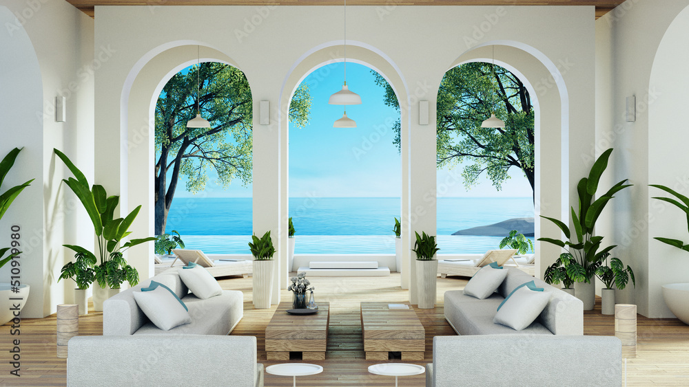 Luxury house and resort on the beach for sea views and living - 3D rendering - obrazy, fototapety, plakaty 