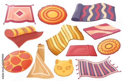 Cartoon wool carpets. Bath rug, woven mat and carpet roll. Home floor textile decor vector illustration set