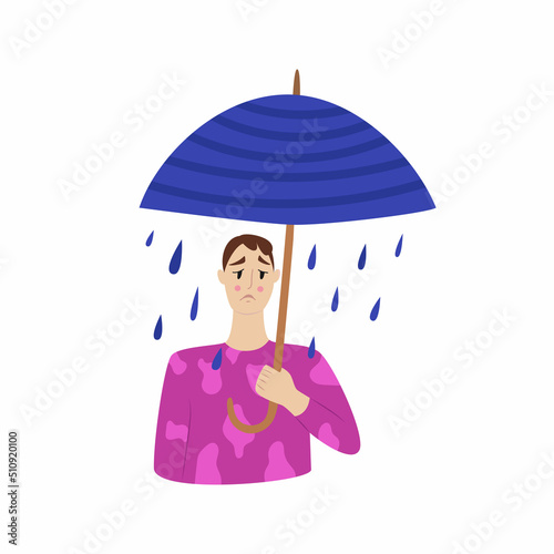 A symbol of depression. A sad young man under an open umbrella from which it is raining. Vector illustration in flat style. A frustrated character.
