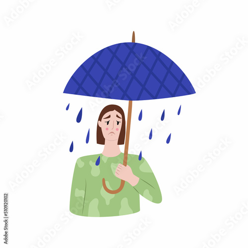 A symbol of depression. A girl under an umbrella from which it is raining. Vector illustration in flat style. A sad character.