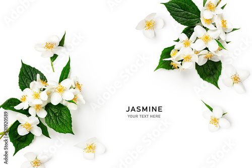 Jasmine flowers bouquet with stem and leaves.