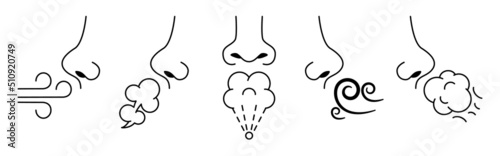 Sniff nose. Sense of smell, human breath and smelling. Inhale air and aromas vector Illustration set