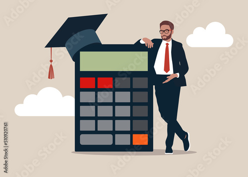 Graduate student standing with mortar board hat calculator. Student loan calculation, education budget allocation, university expense and debt pay off or scholarship payment.