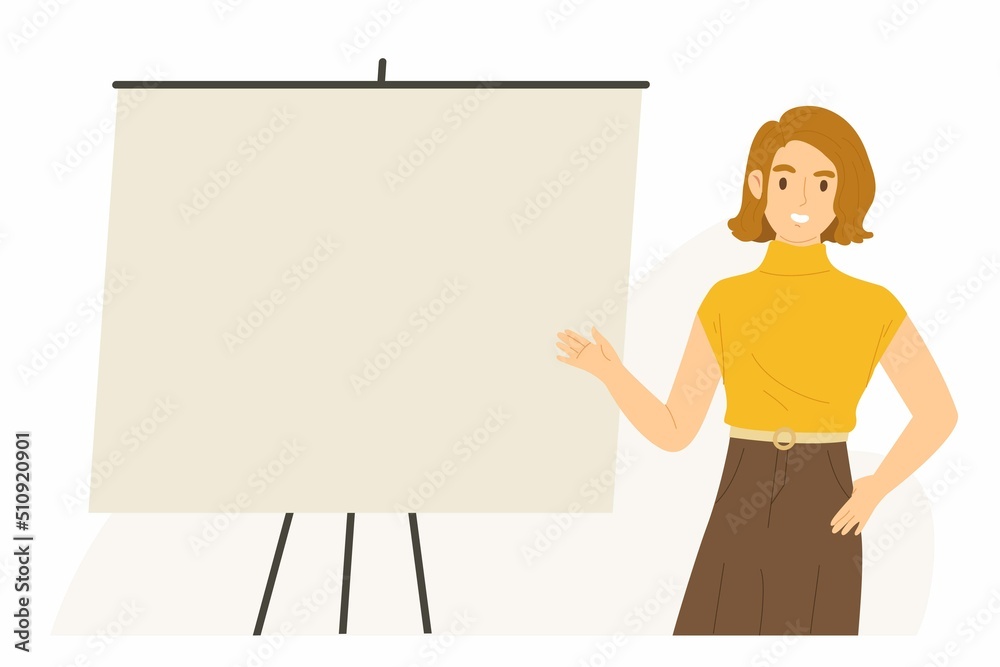 Young businesswoman standing and pointing her hand to blank presentation board. Template for business, announcement, information. Flat vector illustration character. Young businesswoman standing and pointing her hand to blank presentation board. Template for business, announcement, information. Flat vector illustration character.