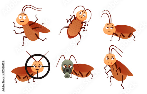 Cockroach character. Roach insects, bugs control mascot and brown parasite beetles cartoon vector set