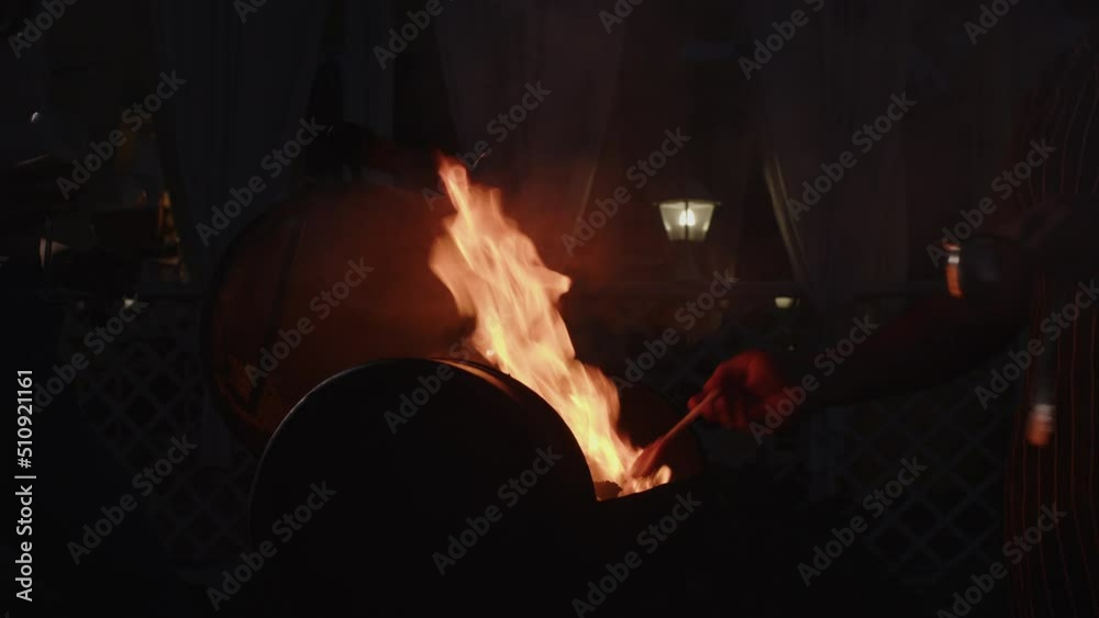 Cooking Grilled Meat On Barbecue Grill. Delicious Juicy Fried Roasting Grilled Meat Dish On Summer Outdoor Picnic Party. Prepare Food Outdoor On Happy Holidays. Meat Steak On Open Flames Fire.