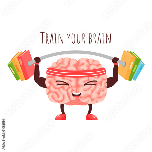 Train your brain. Smart sport exercises workout, mental training and education gym. Brain character lifts barbell with books cartoon vector Illustration
