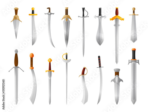 Cartoon medieval sword. Metal blade weapon, knight saber and war dagger. Antique swords isolated vector illustration set
