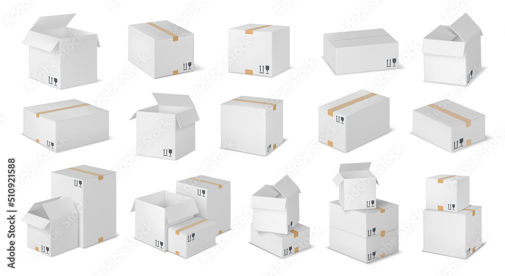 Realistic post box. White cardboard package, stacked boxes and fragile parcel packaging 3D mockup vector set Realistic post box. White cardboard package, stacked boxes and fragile parcel packaging 3D mockup vector set
