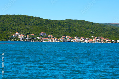 Beautiful aerial panorama view of montenegro coastline with azure sea water.