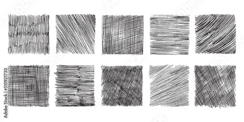 Pencil shaded squares. Pen stroke scribble, hand drawn scrawl sketch texture and line sketched background vector set