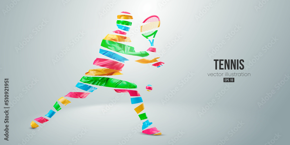 Obraz premium Abstract silhouette of a tennis player on white background. Tennis player man with racket hits the ball. Vector illustration