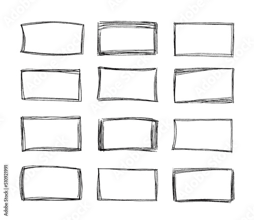 Sketch square frames. Hand drawn rectangular shape doodle border, pencil line scrawl squares and sketched selection frame vector set