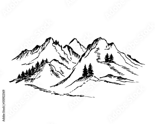 Mountains with pine trees and black landscape on a white background. Hand sketch in pencil. Rocky peaks in a graphic style.