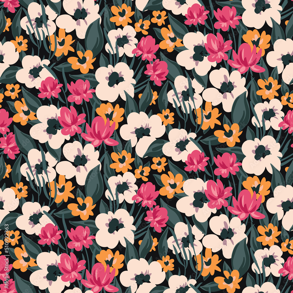Obraz premium Seamless pattern, elegant ditsy print with blooming meadow, small hand drawn flowers, leaves. Vintage floral background with hand drawn plants, wild flowers on a dark field. Vector illustration.
