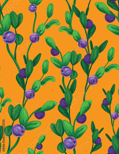 Seamless pattern, summer botany print with blueberries, leaves on branches. Bright botanical background with hand drawn berries twig on a yellow field. Vector illustration. © Yulya i Kot