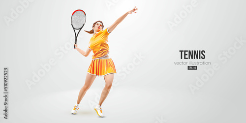 Realistic silhouette of a tennis player on white background. Tennis player woman with racket hits the ball. Vector illustration