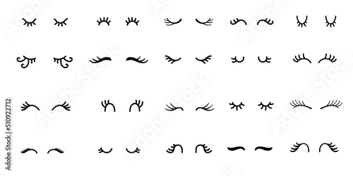 Unicorn eyelashes. Kawaii closed eyed with lashes, line art makeup and girl face eyes vector set