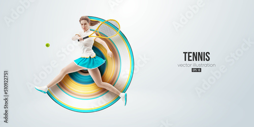 Realistic silhouette of a tennis player on white background. Tennis player woman with racket hits the ball. Vector illustration