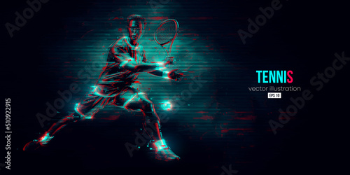 Abstract silhouette of a tennis player on black background. Tennis player man with racket hits the ball. Vector illustration