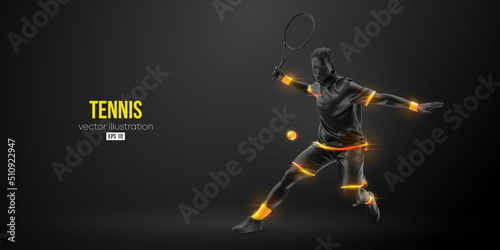 Abstract silhouette of a tennis player on black background. Tennis player man with racket hits the ball. Vector illustration