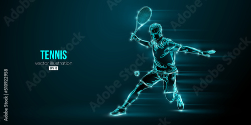 Abstract silhouette of a tennis player on black background. Tennis player man with racket hits the ball. Vector illustration