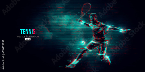 Abstract silhouette of a tennis player on black background. Tennis player man with racket hits the ball. Vector illustration © Yevheniia