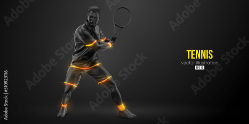 Abstract silhouette of a tennis player on black background. Tennis player man with racket hits the ball. Vector illustration