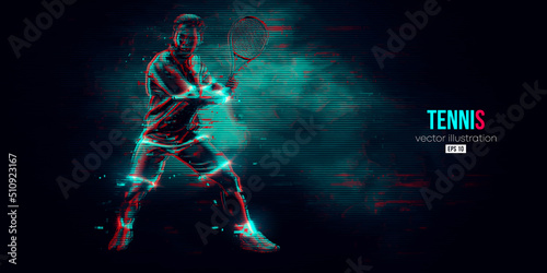 Abstract silhouette of a tennis player on black background. Tennis player man with racket hits the ball. Vector illustration