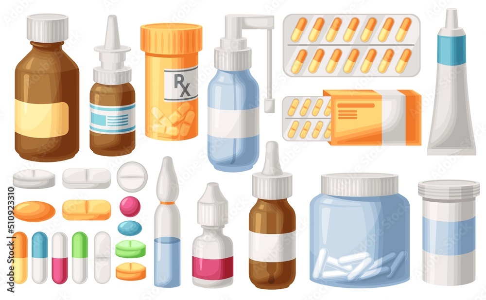 Cartoon medicine. Drug bottles, pharmacy tablets and pills. Sprays, vial drops and ampoule. Pharmaceutic vector illustration set Cartoon medicine. Drug bottles, pharmacy tablets and pills. Sprays, vial drops and ampoule. Pharmaceutic vector illustration set