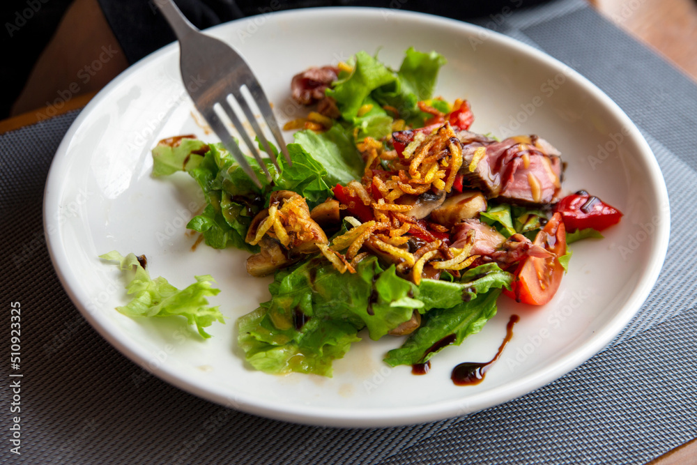 Salad with roast beef in a white plate. Traditional cuisine. Salad with roast beef in a white plate. Traditional cuisine.